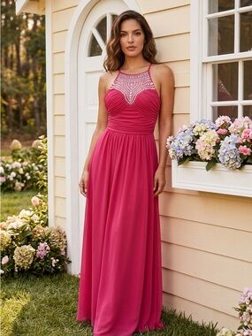 B Darlin Fuchsia Beaded Halter Maxi Dress